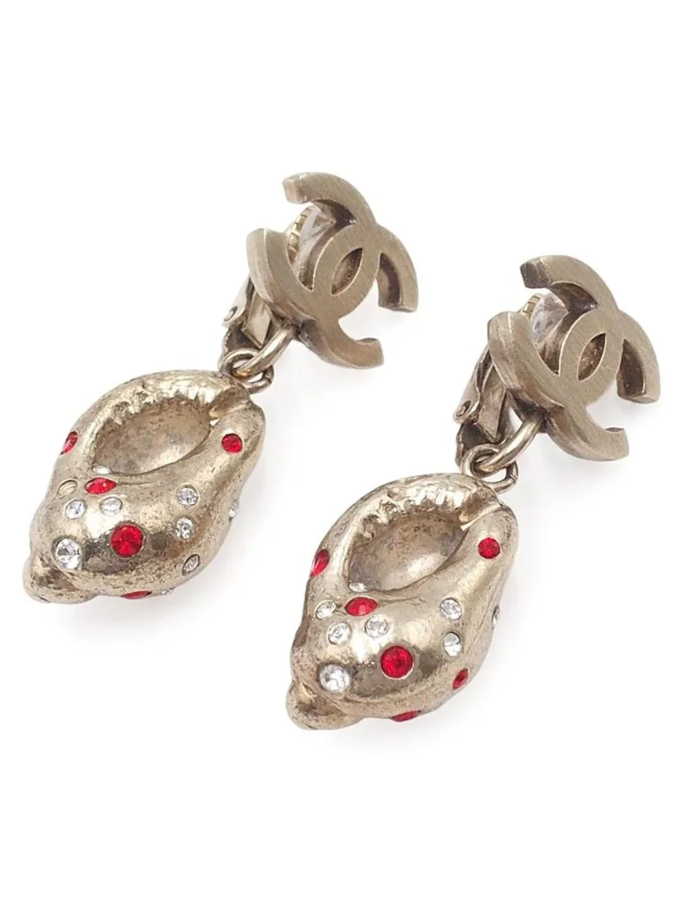 Chanel Earrings Light Gold Metal CC Logo Rhinestone Seashell Costume 05c